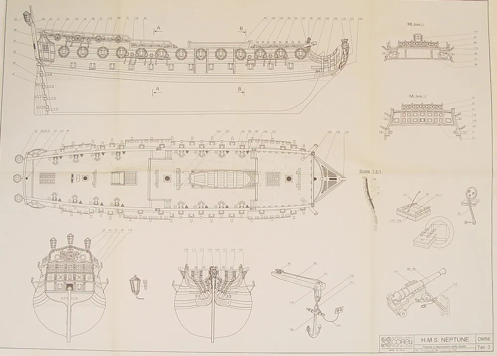 Чертеж корабля HMS Neptune, масштаб 1:90