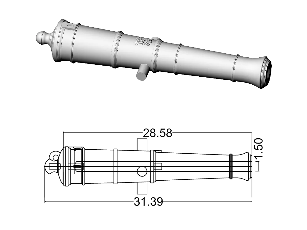 Ствол пушки тип Blomefield, герб Георг 3, 6 фунтов, масштаб 1:64, длина 31,4 мм, 2 шт