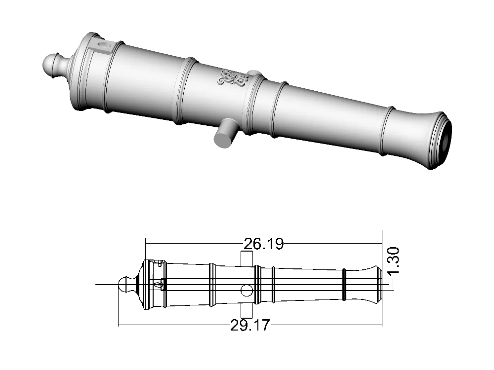 Ствол пушки тип Armstrong, герб Георг 3, 4 фунта, масштаб 1:64, длина 29,2 мм, 2 шт