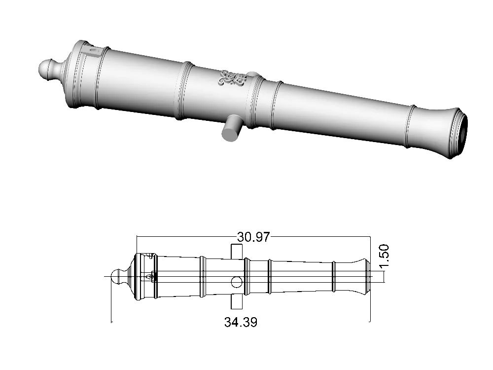 Ствол пушки тип Armstrong, герб Георг 3, 6 фунтов, масштаб 1:64, длина 34,4 мм, 2 шт