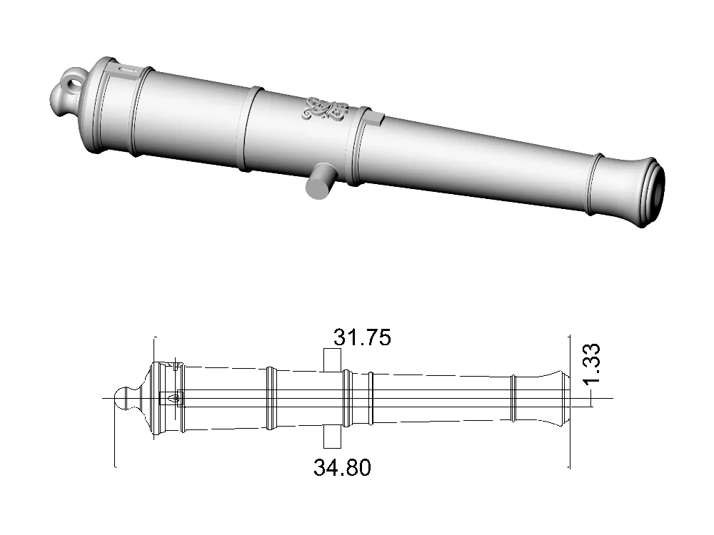 Ствол пушки тип Blomefield, герб Георг 3, 12 фунтов, масштаб 1:72, длина 34,8 мм, 2 шт