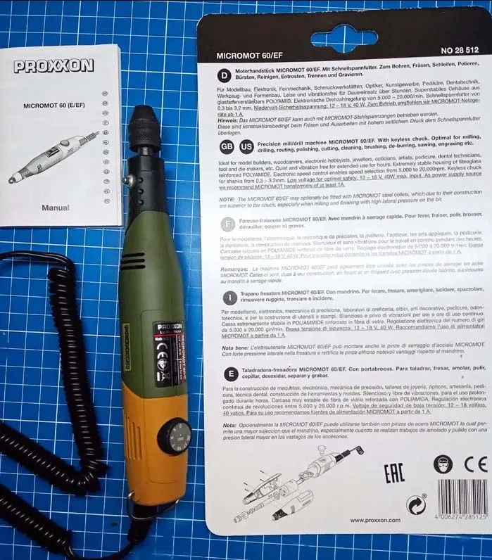 Бормашина Proxxon MICROMOT 60/EF (28512) + Блок питания (28706) и набор сверл (28874) 28512