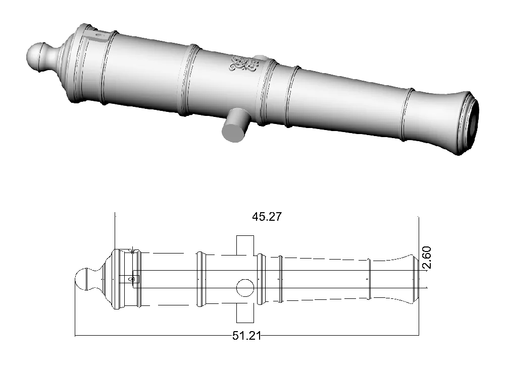 Ствол пушки тип Armstrong, герб Георг 3, 32 фунта, масштаб 1:64, длина 51,2 мм, 2 шт