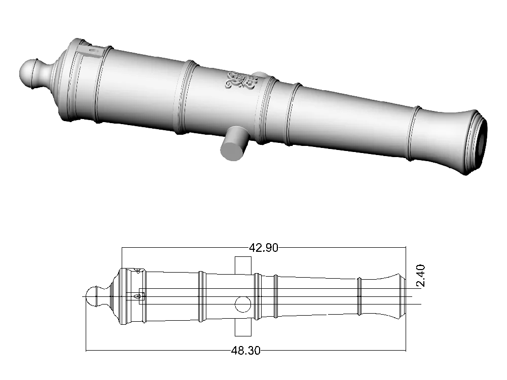 Ствол пушки тип Armstrong, герб Георг 3, 24 фунта, масштаб 1:64, длина 48,3 мм, 2 шт